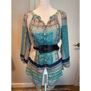 Roz & Ali Teal Boho Mosaic Print Button-Front Blouse - Petite L